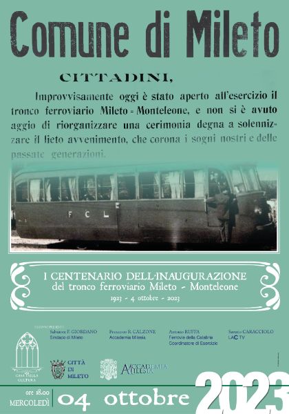 I Centenario dell'inaugurazione del tronco ferroviario Mileto - Monteleone