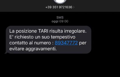 Attenzione: SMS truffa relativo alla TARI