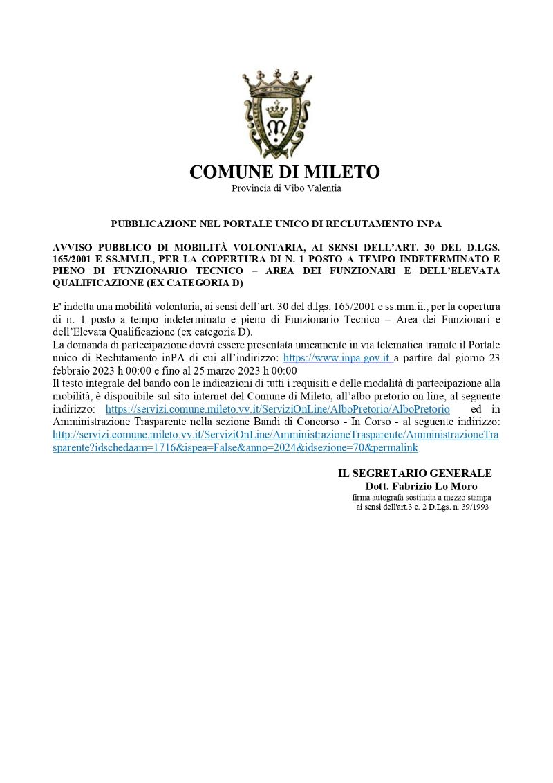 Avviso Pubblico di Mobilità Volontaria Avviso Pubblico di Mobilità Volontaria